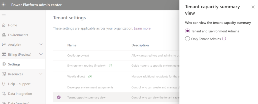 Tenant Capacity Summary Settings Visibility